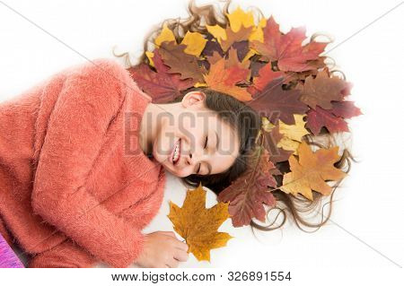 Dry Maple Leaves In Hairstyle. Fall Season Concept. Hair Care In Autumn. Prevent Dry Split Hair Ends
