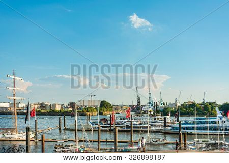 HAMBURG, GERMANY - JULY 24, 2018 : Street view of Cruise ship in the harbor, Hamburg, Germany.