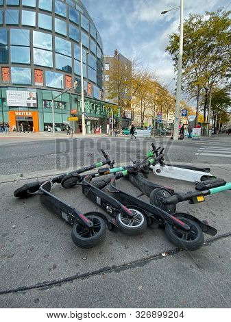 Mariahilfer Strasse In Vienna, Austria - October 10, 2019: E-scooters To Borrow Are Popular In Many 