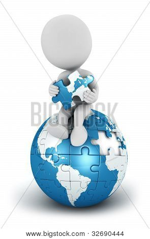 3D bianche persone sedute su puzzle blue earth
