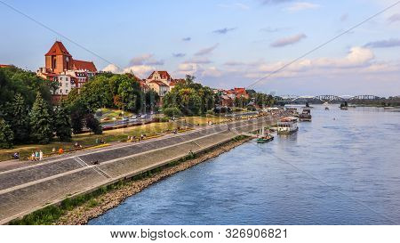 Panoramic View Of Torun City And Wisla (vistula) River At Sunset. Poland, Summer 2019