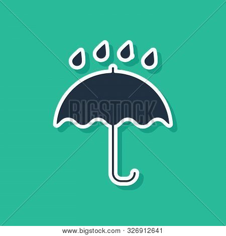 Blue Umbrella And Rain Drops Icon Isolated On Green Background. Waterproof Icon. Protection, Safety,