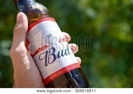 Kharkov, Ukraine - September 23, 2019: Bottle Of Budweiser Bud Beer In Male Hand On A Green Trees Ba