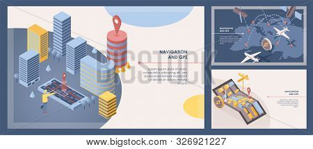 Navigation Software Banner Vector Templates Set. Mobile Gps Application, Smart Positioning System Ad
