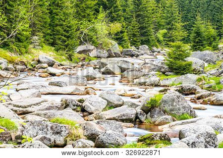 Jizera River Full Of Granite Rocks On Sunny Summer Day, Jizera Mountains, Czech Republic