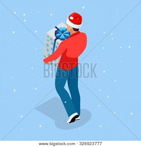 Isometric Online Christmas Shopping. Delivery Man In Santa Claus Hat With Christmas Present. Deliver