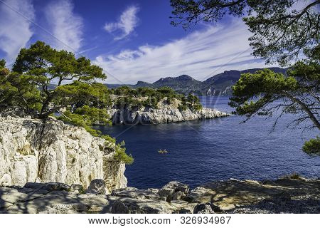 Colorful Kayaks In The Famous French Fjords, Calanques National Park, Calanque Den Vau Bay, Cassis