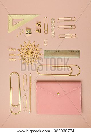 Flat Lay Of Notepad And Golden Office Suplplies. Working Space, Studies, Office Desk, Home-office Co