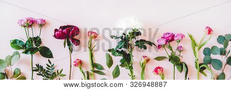 Flat-lay Of Purple Peonies, Pink Roses, Tulips, Chrisanthemums, Wide Composition