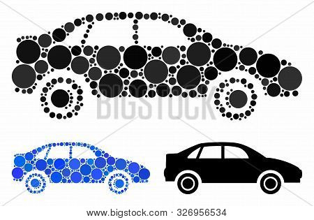 Sedan Car Mosaic Of Spheric Dots In Various Sizes And Color Tinges, Based On Sedan Car Icon. Vector 