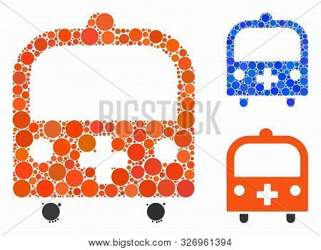 Medical Bus Mosaic Of Circle Elements In Different Sizes And Color Tints, Based On Medical Bus Icon.