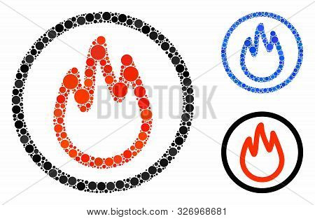 Fire Mosaic Of Round Dots In Different Sizes And Color Tints, Based On Fire Icon. Vector Dots Are Co