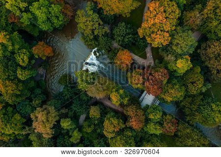 Beautiful Autumn Scenery By A Flight With A Drone Over Colored Trees In A Park.