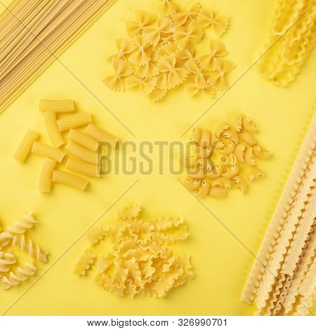Italian Pasta Pattern, Shot From Above On A Yellow Background, A Flat Lay Square Banner