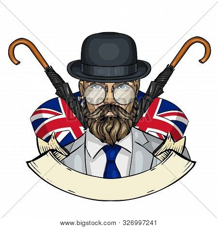 Hand Drawn Color Sketch, British Man With Beard And Mustaches, Hat And Umbrella. Poster, Flyer Desig