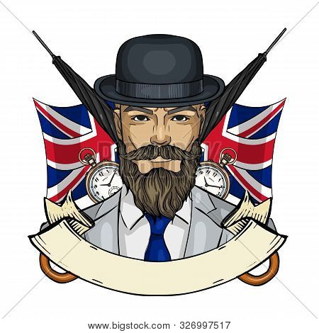 Hand Drawn Color Sketch, British Man With Beard, Mustaches, Hat And Umbrella. Poster, Flyer Design
