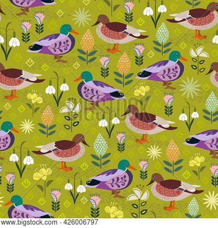 Duck And Drake Are Looking At Each Other In A Park With Folk Flowers. The Design Celebrates The Flor