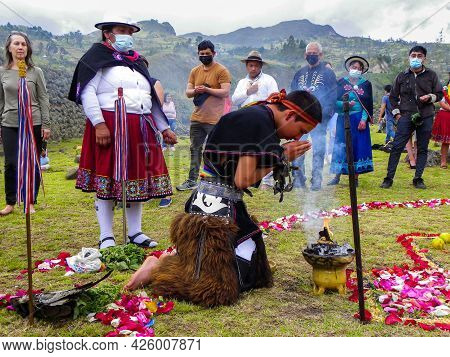 Chobshi, Azuay Province, Ecuador - June 21,2021: Celebration Inti Raymi At Chobshi Archeological Sit