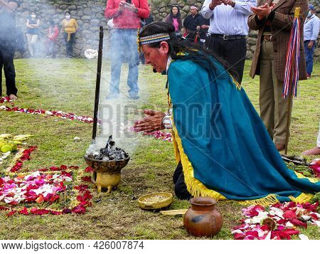 Chobshi, Azuay Province, Ecuador - June 21, 2021: Celebration Inti Raymi At Chobshi Archeological Si