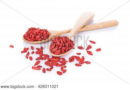 Goji Berries,goji Berries In Woodenspoon Isolated On White Background