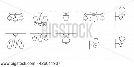 Set Of Vector Icons For Wall Sconces, Wall And Ceiling Lamps. Stock Illustration, Isolated On A Whit