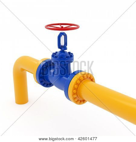 Isolated yellow pipeline with red valve on white background