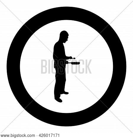 Man Holds Frying Pan Spoon Chef Holding Kitchen Utensil Professional Using Kitchen Staff Concept Dom