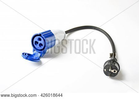 Object , Electrict Hook Conncetion Kit With Blue Cord  On White Background.  Object Bring Electric T