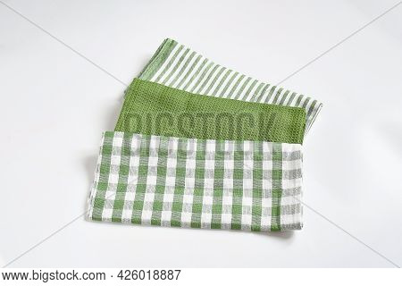 Top View New Kitchen Towels In Verdun Green ,strip And White Color Simple Pattern In Differnet Style