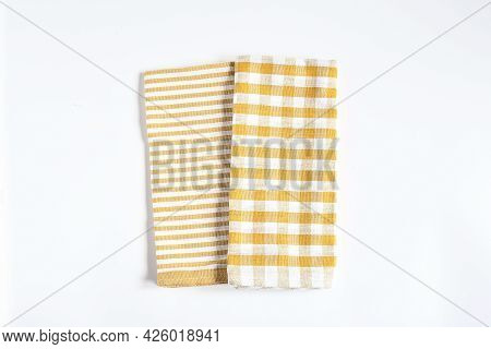 Top View New Kitchen Towels In Yellow Canary Or Dendelion,strip And White Color Simple Pattern In Di