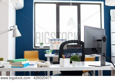 Modern Office Interior With Nobody In It For Business People To Work. Inside View Of Stylish Space O
