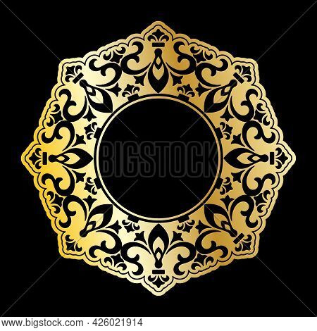 Template For A Decorative Frame With A Place For Text. Golden Round Openwork Ornament For Invitation