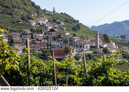 Picturesque Hills With Vineyards Of The Prosecco Sparkling Wine Region Between Valdobbiadene And Con