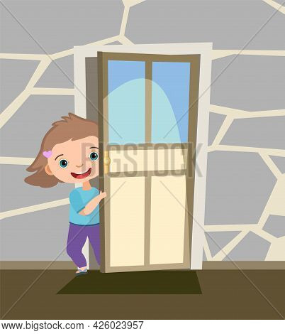 Child Peek In The Door. Opened The Entrance. Funny Girl Kid. View From Inside The Room. Cartoon Styl