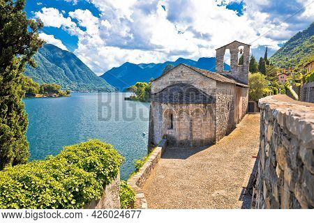 Chiesa Di San Giacomo Church On Como Lake View, Ossuccio In Lombardy, Italy