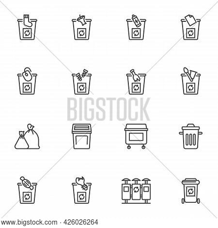 Waste Sorting Line Icons Set, Recycling Bin Outline Vector Symbol Collection, Linear Style Pictogram