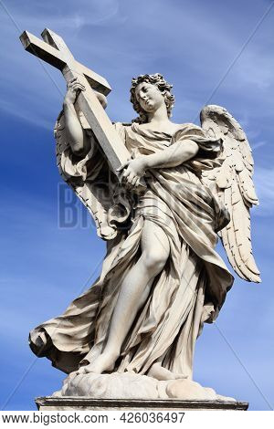 Angel Statue In Rome, Italy. Angel Sculptures Of Ponte Sant'angelo (saint Angel Bridge).