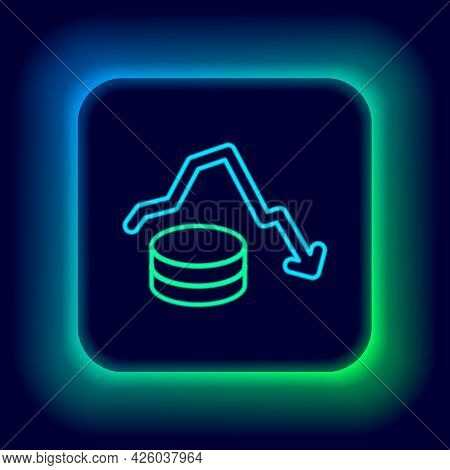Glowing Neon Line Dollar Rate Decrease Icon Isolated On Black Background. Cost Reduction. Money Symb