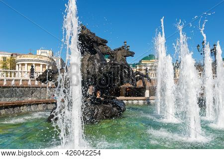 Moscow, Russia - 10 May 2021:  Fountain  Four Seasons,was Established In 1996. Moscow Architecture A
