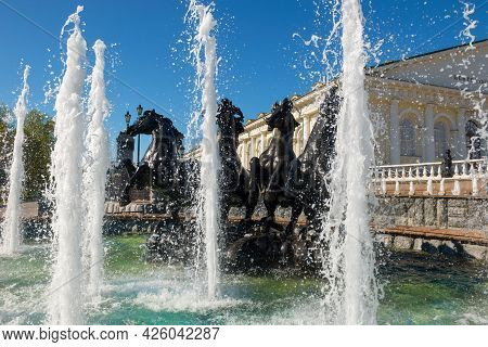 Moscow, Russia - 10 May 2021:  Fountain  Four Seasons,was Established In 1996. Moscow Architecture A