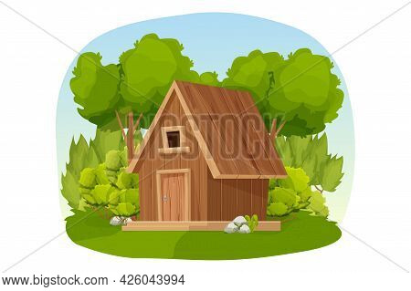 Forest Hut, Wooden House Or Cottage Decorated With Trees, Grass And Bush In Cartoon Style Isolated O