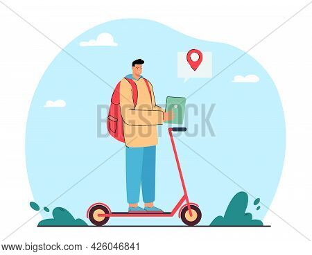Man Riding Kick Scooter And Checking Location On Online Map. Person Using Application On Tablet Flat
