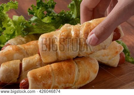 Sausage Buns. Soft Baked Bun (dough )stuffed With Pork Sausage For Fast Food Breakfast Or Coffee Bre