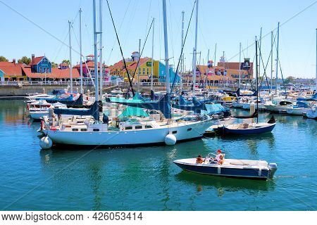 July 6, 2021 In Long Beach, Ca:  Sail Boats, Yachts, And Boat Rentals At Shoreline Village In The Lo
