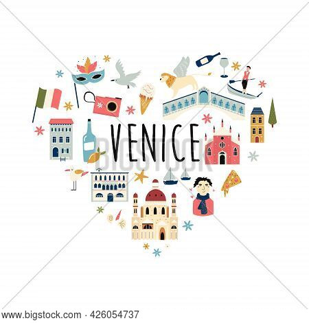 Tourist Abstract Design With Famous Destinations And Landmarks Of Venice.
