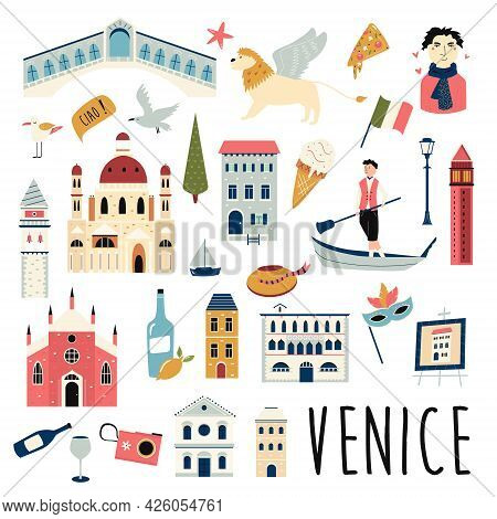 Set Of Famous Symbols And Landmarks Of Venice. Vector Bright Set.