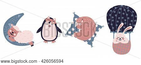 Sweet Dreams Set With Cute Sheep On The Moon, Spuirrel On A Pillow, Penguin In Sleep Mask And Bunny 