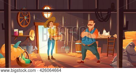 Farmers In Barn With Chickens, Straw And Pumpkins. Vector Cartoon Interior Of Wooden Shed With Hay S