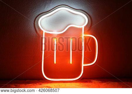 White And Orange Neon Sign Glass Of Beer. Trendy Style. Neon Sign. Custom Neon. Summer Vibe.