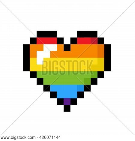 Pixel Pride Rainbow Heart Isolated On White Background. Art 8 Bit Design. Vector Stock